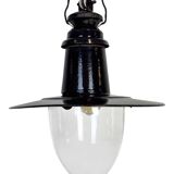 Industrial German Black Enamel Pendant Lamp with Glass Cover, 1930s