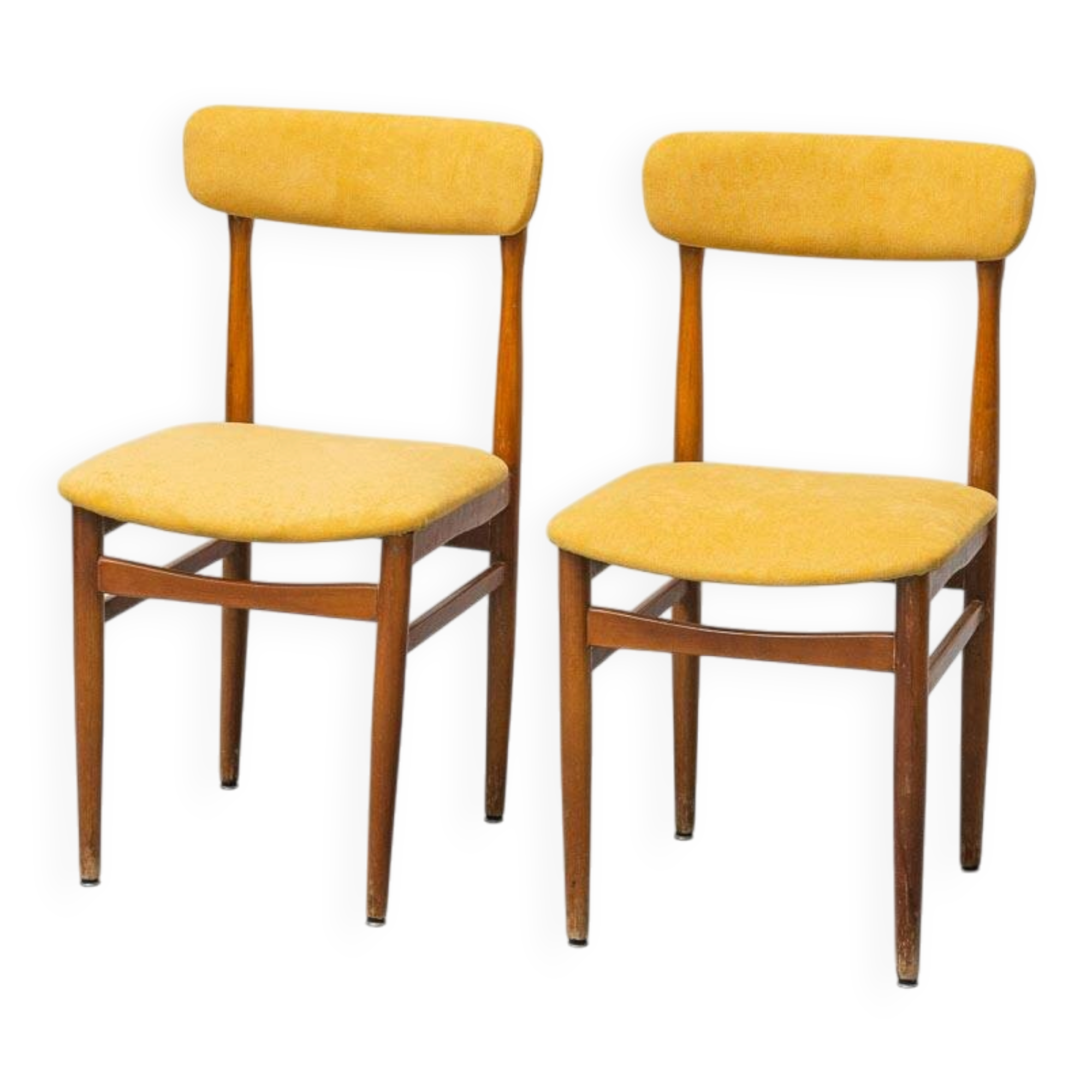 Pair of vintage chairs in wood and yellow fabric, 1960s modernism