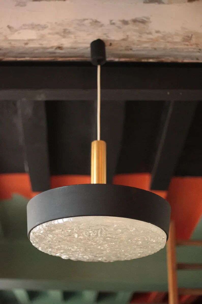 Jean Gandelin suspension in black lacquered sheet metal, white metal, brass, and diffuser in Cristalux/etched Plexiglas.