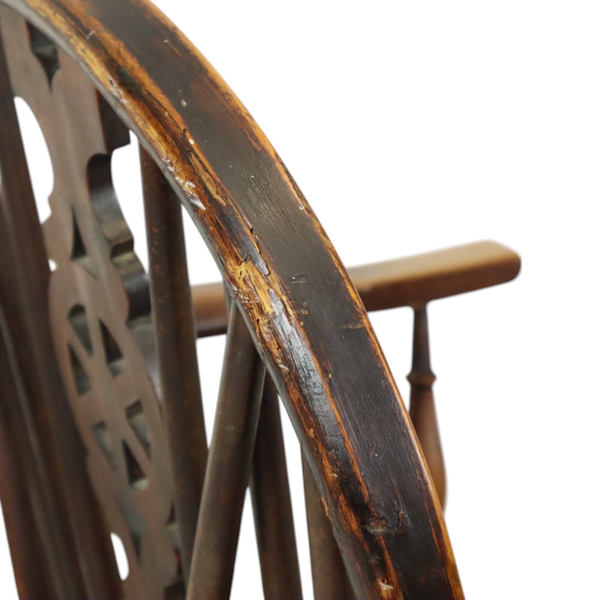 Chaise Windsor ancienne en bois de hêtre et d'orme avec dossier à roulettes, XIXe siècle
