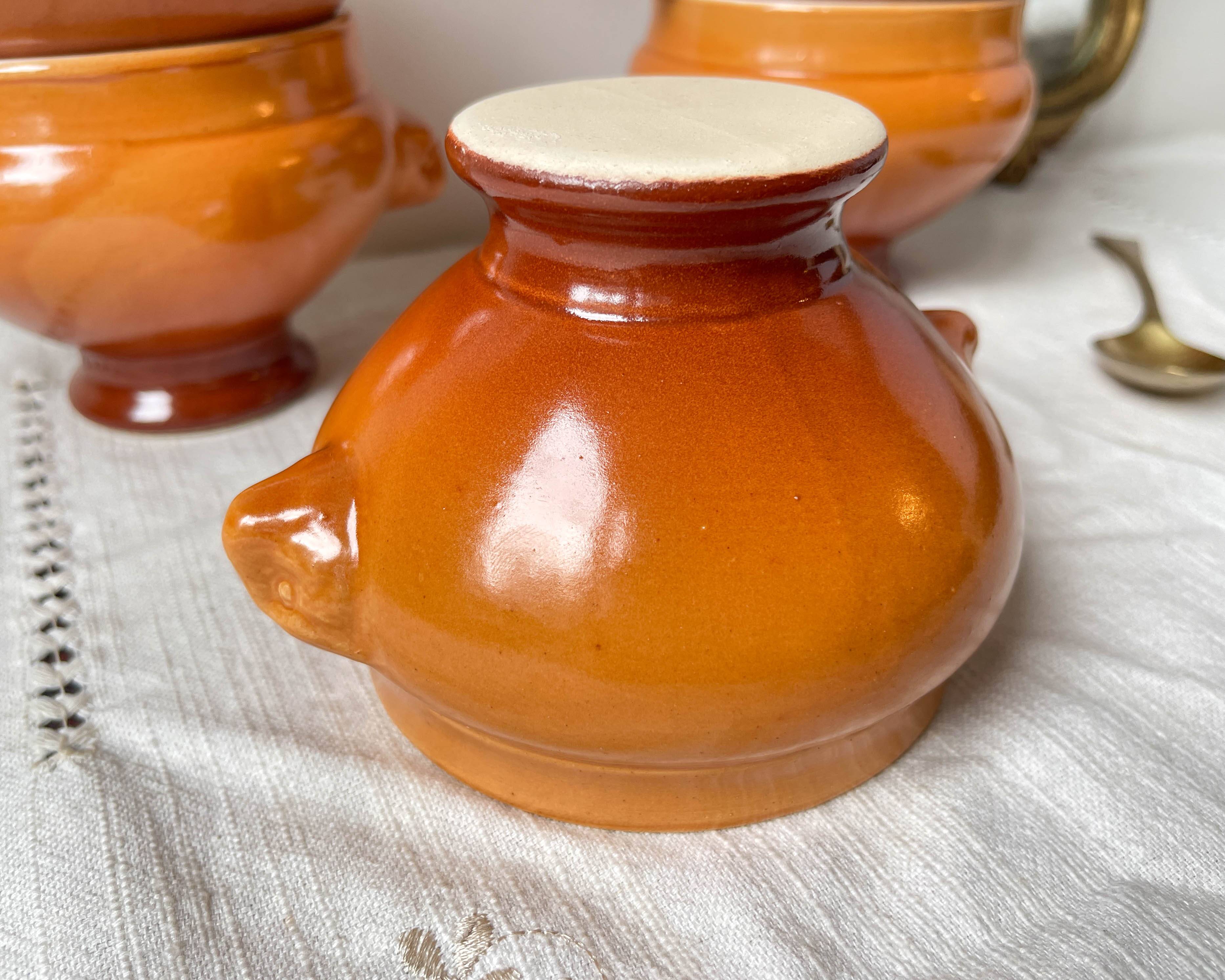 6 vintage Emile Henry ceramic lion head bowls, brown gradient, made in France
