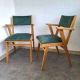 2 fauteuils bridge en bois et velours vert, 1960