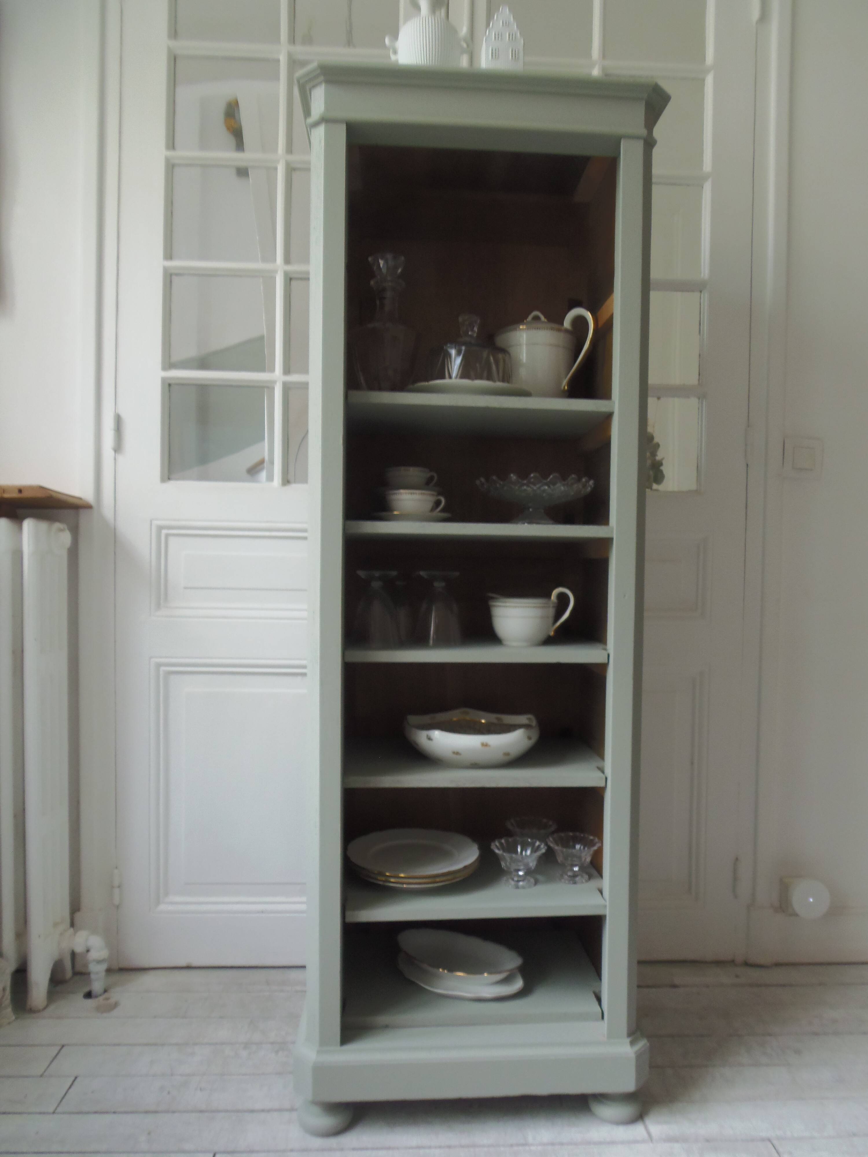 Bookcase, vintage dresser re-enchanted in verdigris waxed finish.