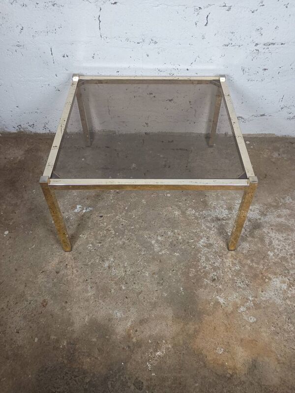 Table basse carrée chrome doré verre fumé années 70