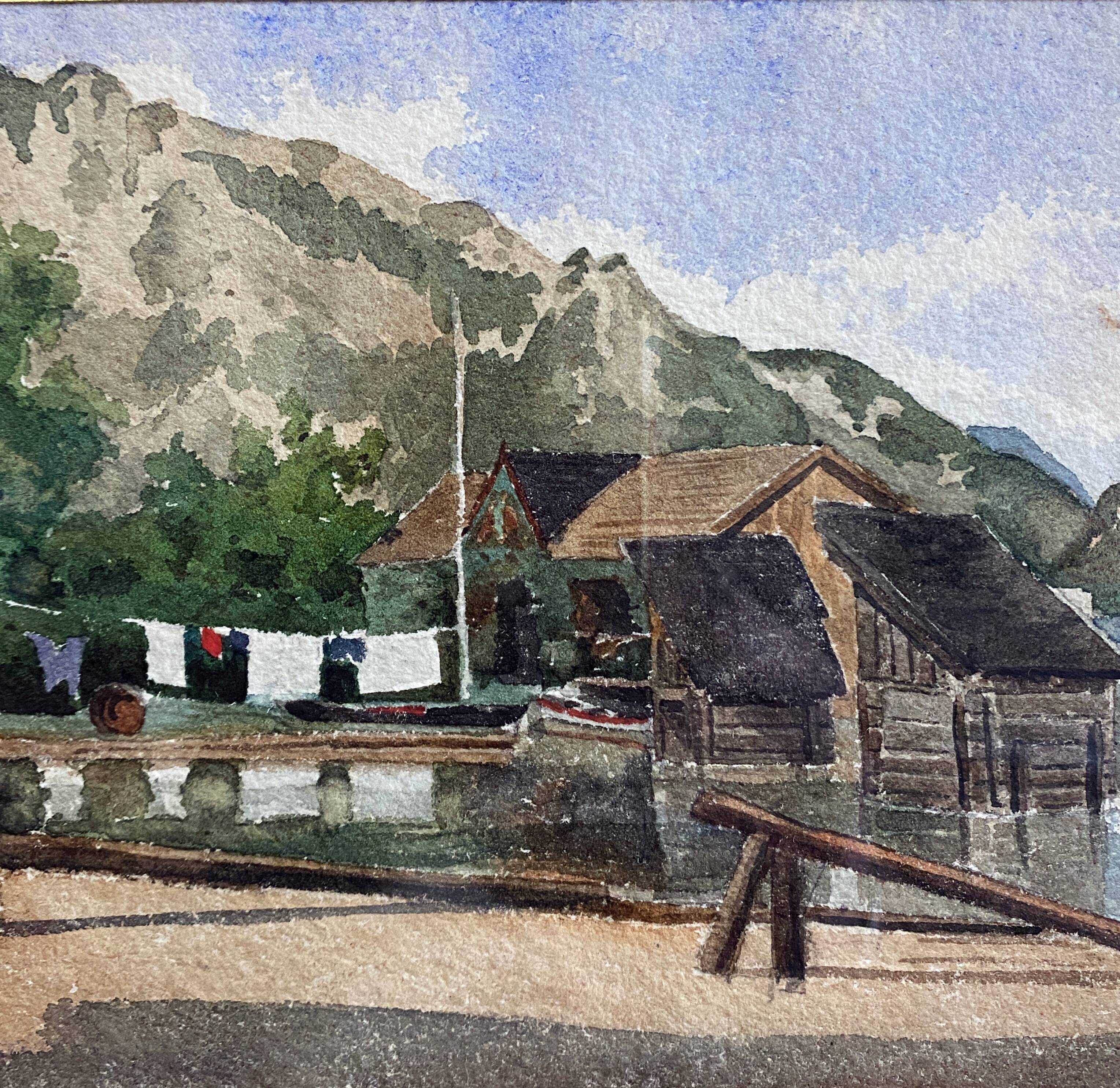 Watercolor paintings Austria Furberg and Unterach and frame circa 1950