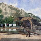 Paire d'aquarelles, Autriche Furberg et Unterach avec cadre vers 1950