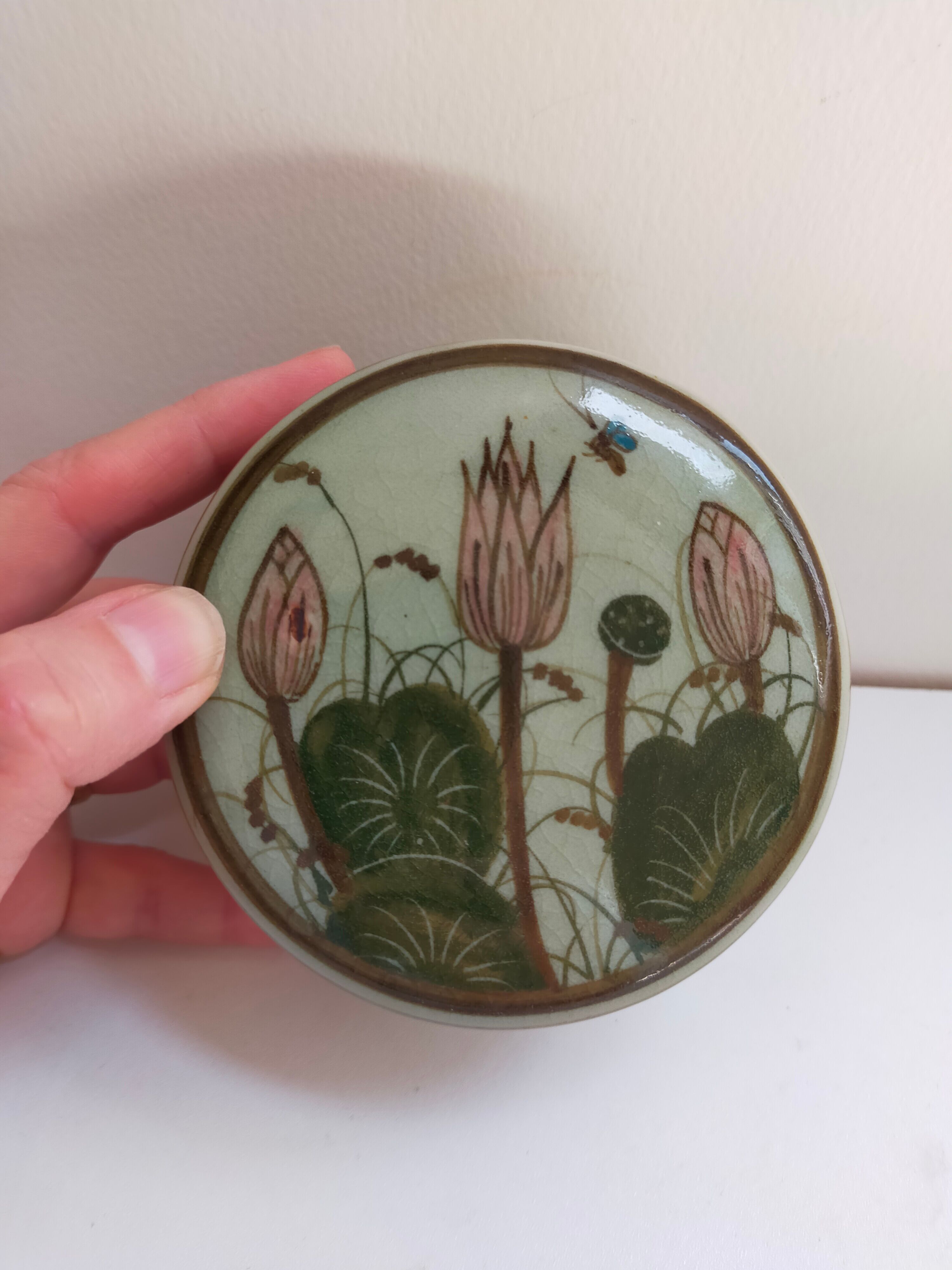 cracked celadon jewelry box signed Siam and numbered handmade lotus flower pattern