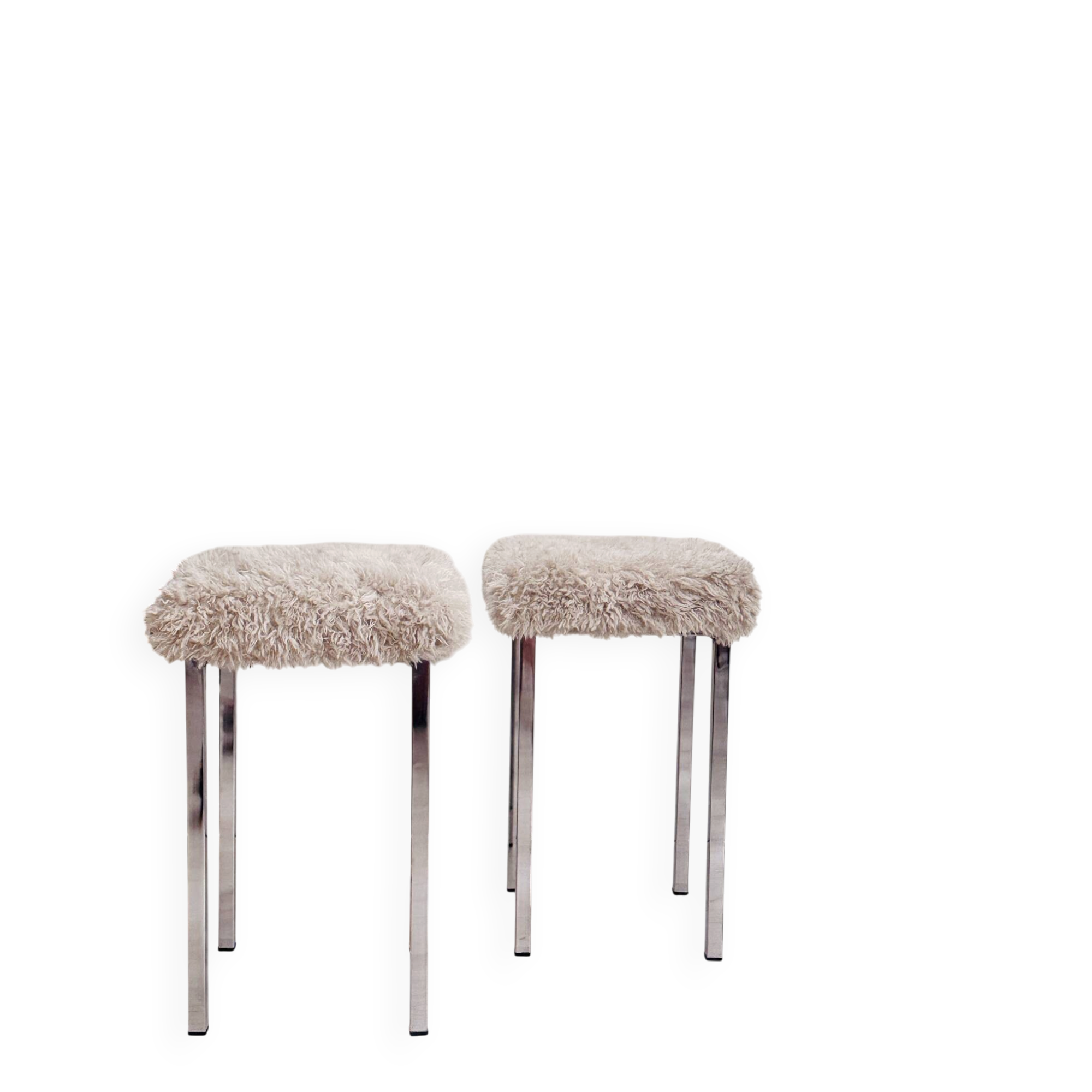 Set of two vintage chrome stools with fluffy upholstery