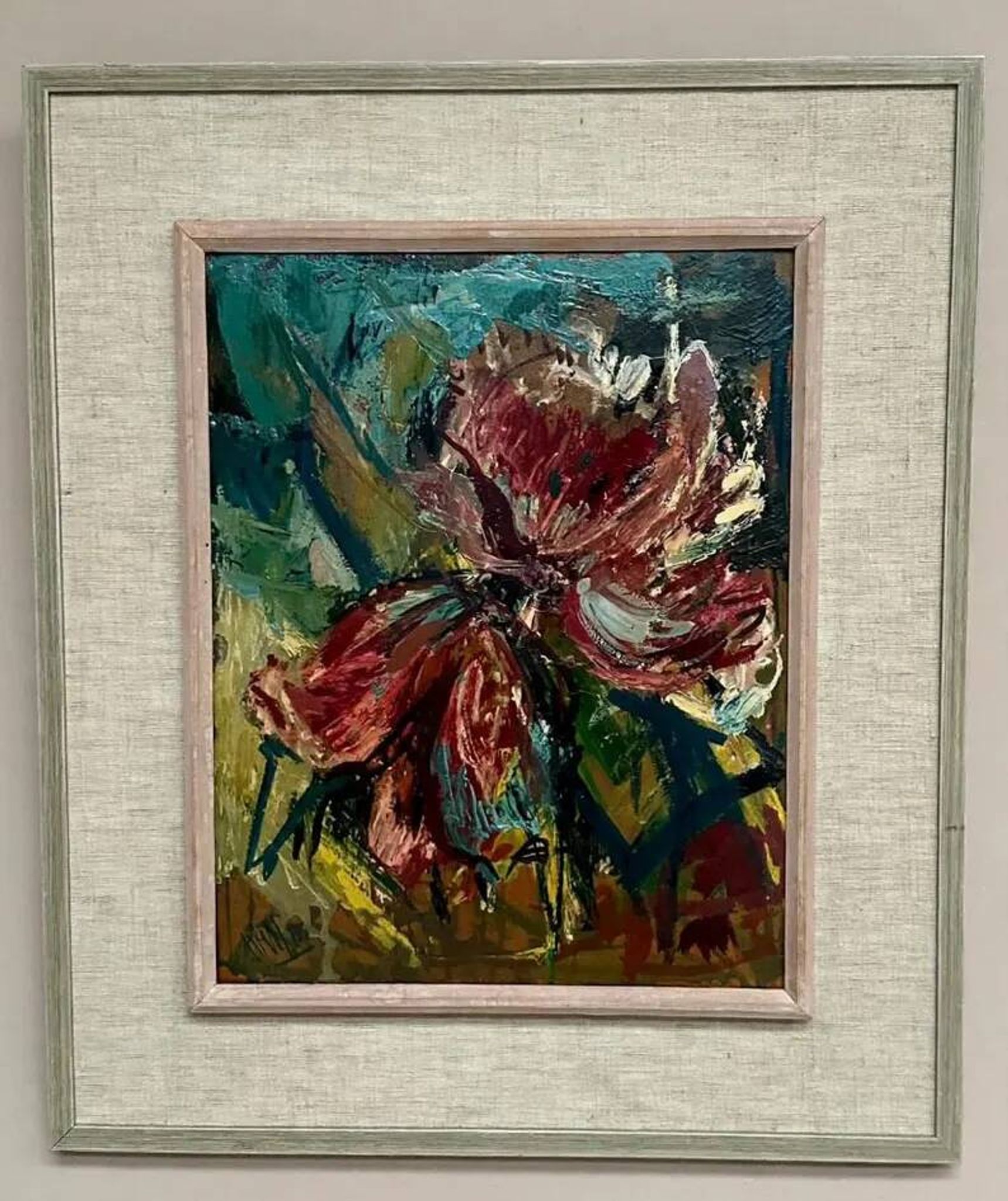 Original Swedish Oil on Panel – "Pink Flower" by Owe Wessbohn – Signed – Vintage and Framed – 69 × 51 cm (27.2" × 20.1")