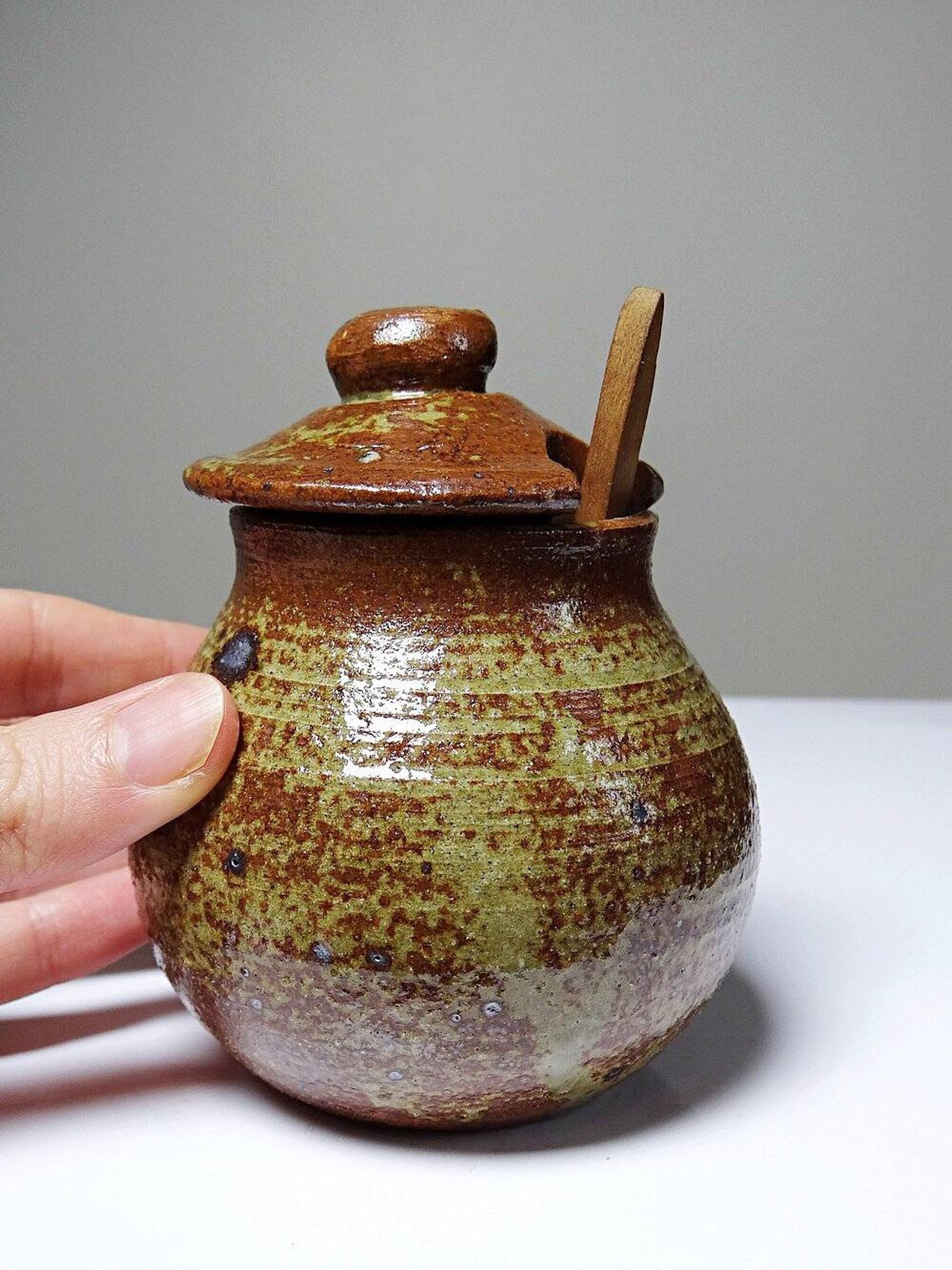 Vintage condiment service in glazed pyrite stoneware, artisanal Baudat La Borne style.