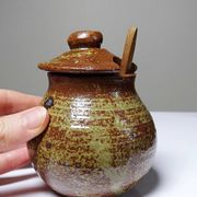 Vintage condiment service in glazed pyrite stoneware, artisanal Baudat La Borne style.