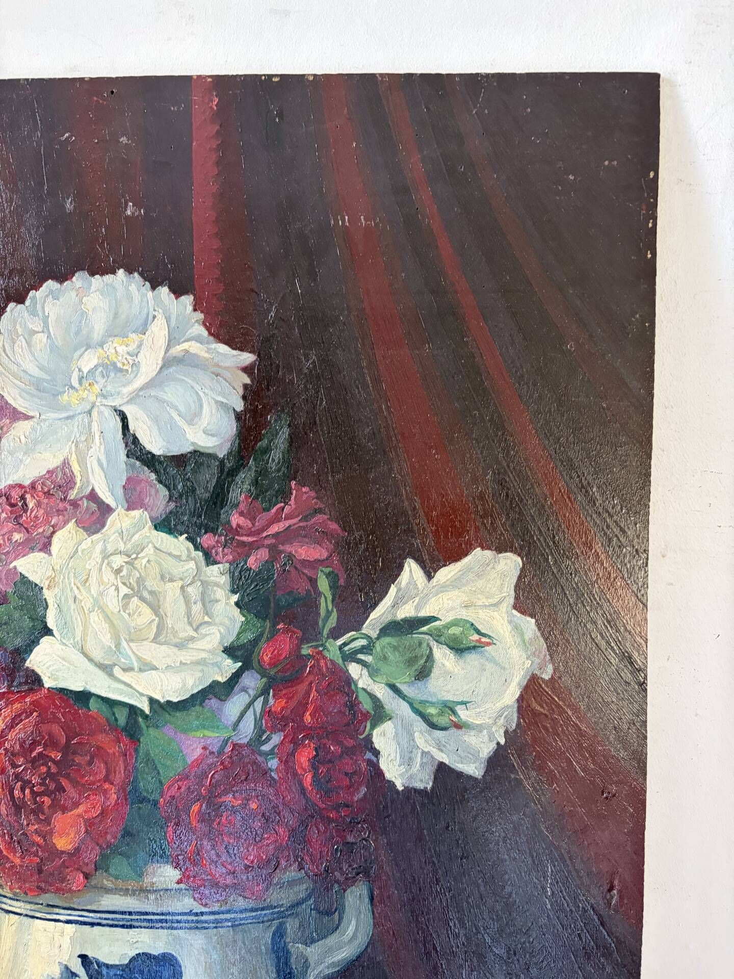 Bouquet of roses, burgundy background, oil on panel 1951