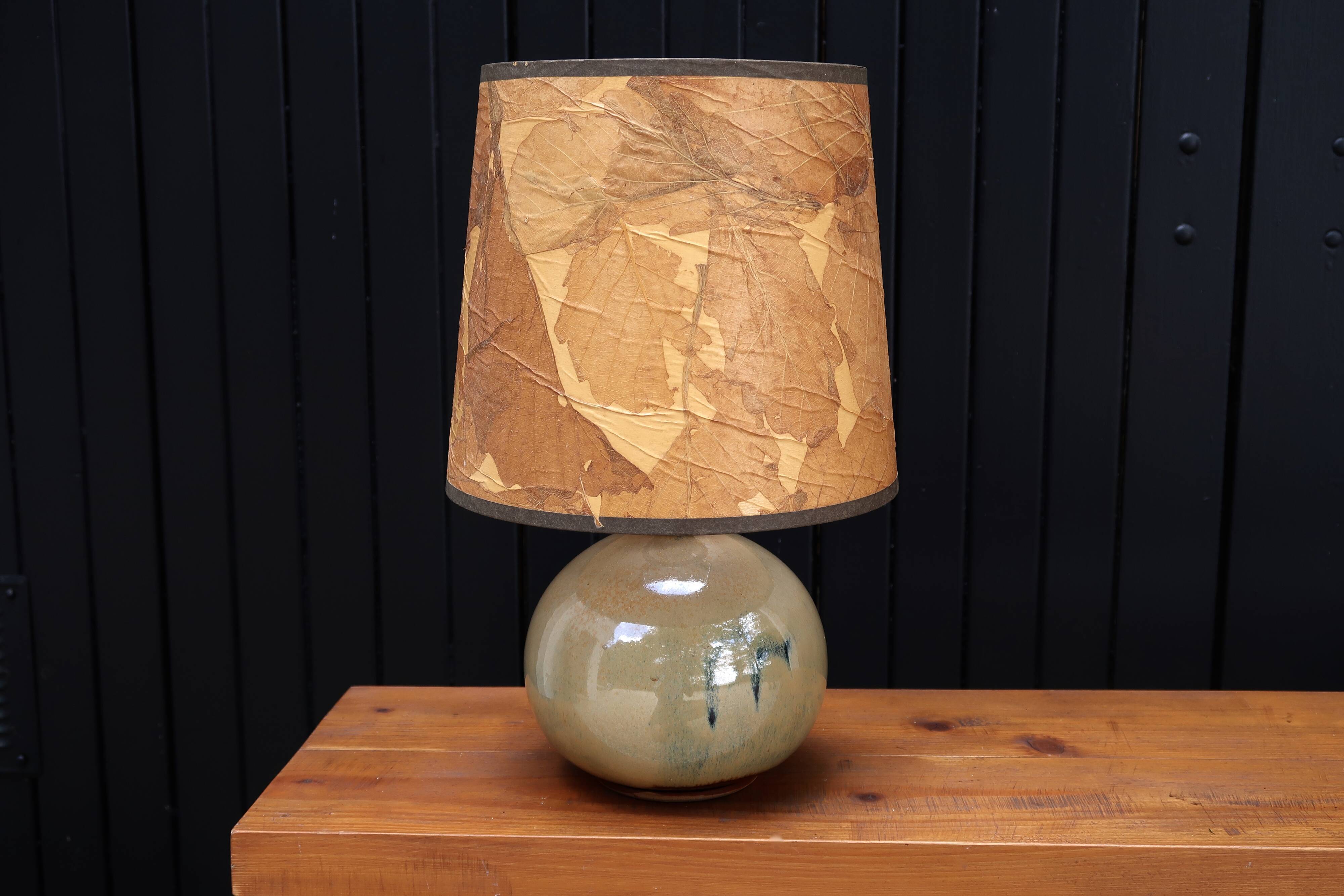 Beige ceramic lamp, herbarium-style lampshade, 70s