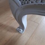 Artisanal double cannage bed, bench, pearl gray patina.