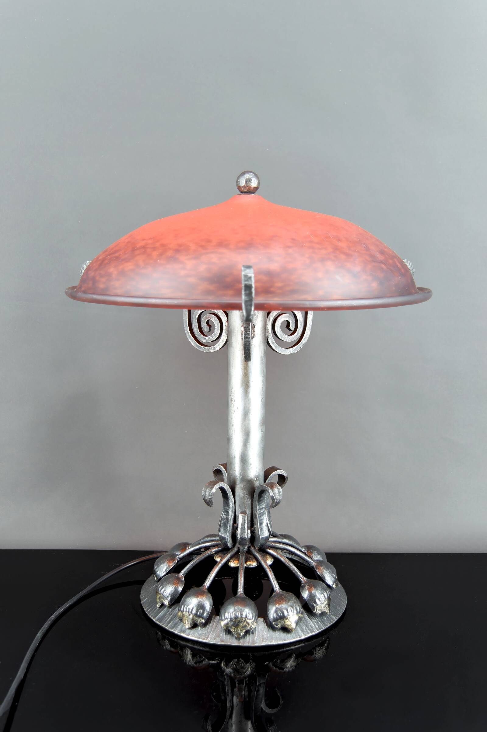 Important Stylized Wrought Iron Lamp with Glass Dome, c. 1930
