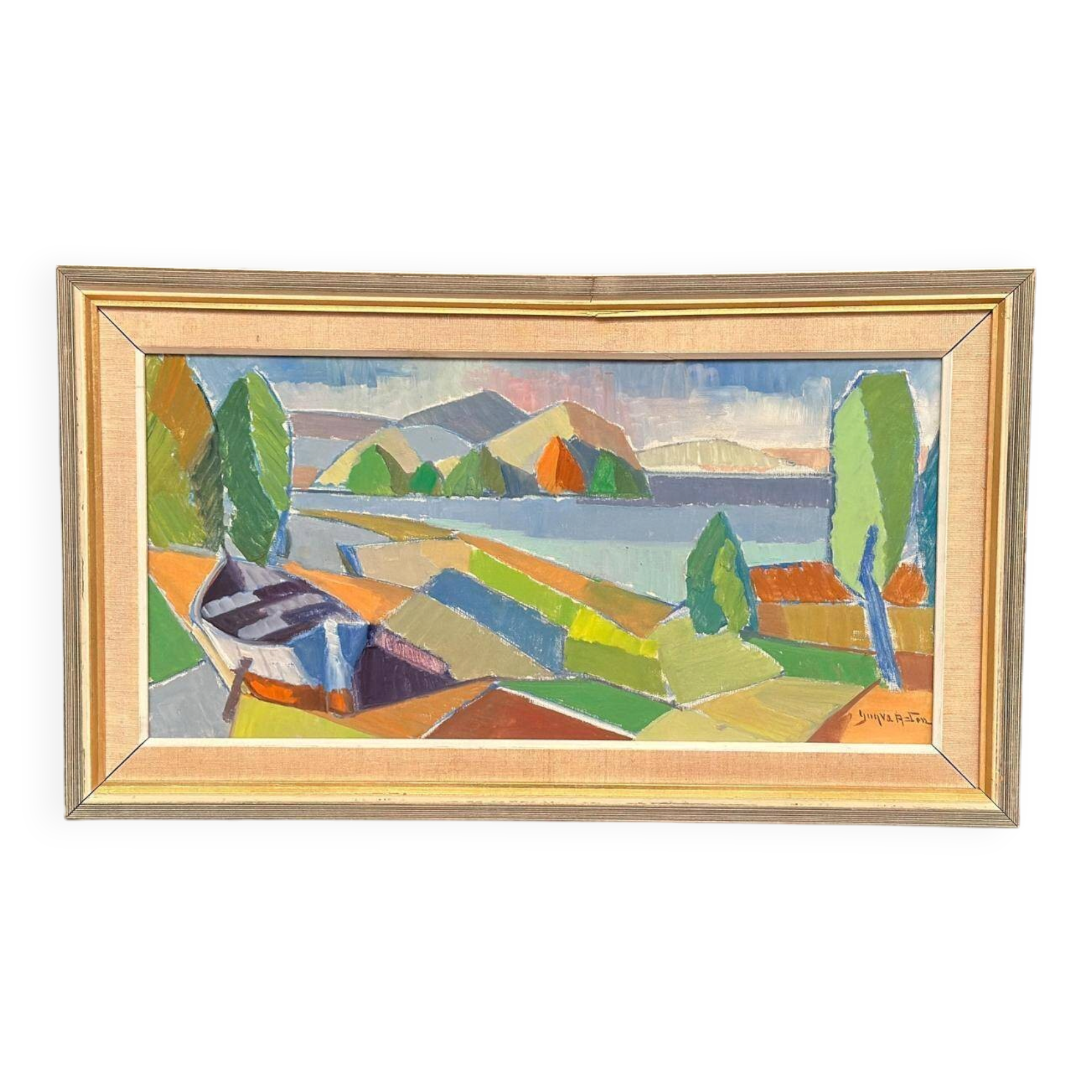 Original Mid Century Swedish Oil On Canvas — Fractured Horizon By Yngve Andersson — Signed — Vintage & Framed — 34 × 62 Cm (13.4" × 24.4")