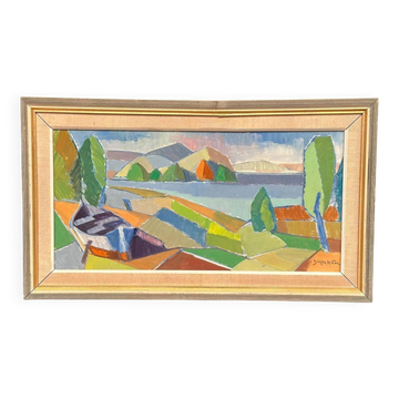Original Mid Century Swedish Oil On Canvas — Fractured Horizon By Yngve Andersson — Signed — Vintage & Framed — 34 × 62 Cm (13.4" × 24.4")