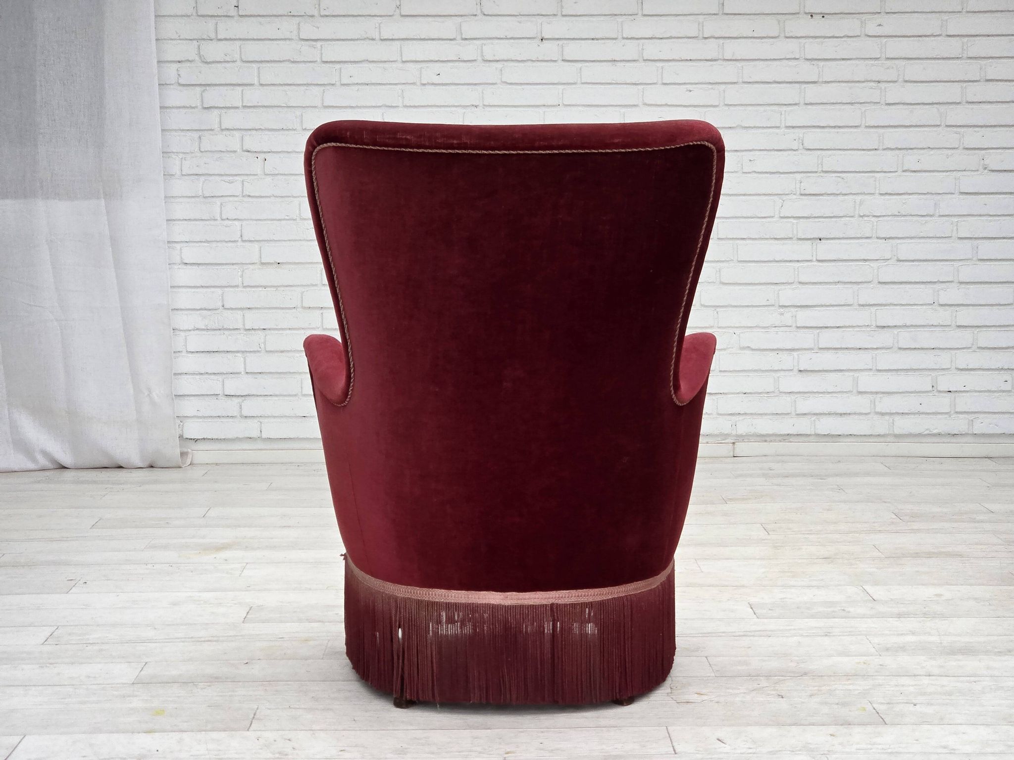 1970s, Danish armchair, cherry-red furniture velour, ash wood legs.