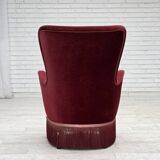 1970s, Danish armchair, cherry-red furniture velour, ash wood legs.