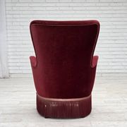1970s, Danish armchair, cherry-red furniture velour, ash wood legs.