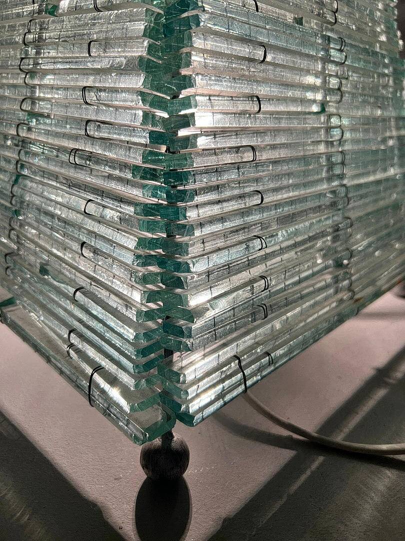 Sculptural pyramid table lamp, glass, France, 1970s.