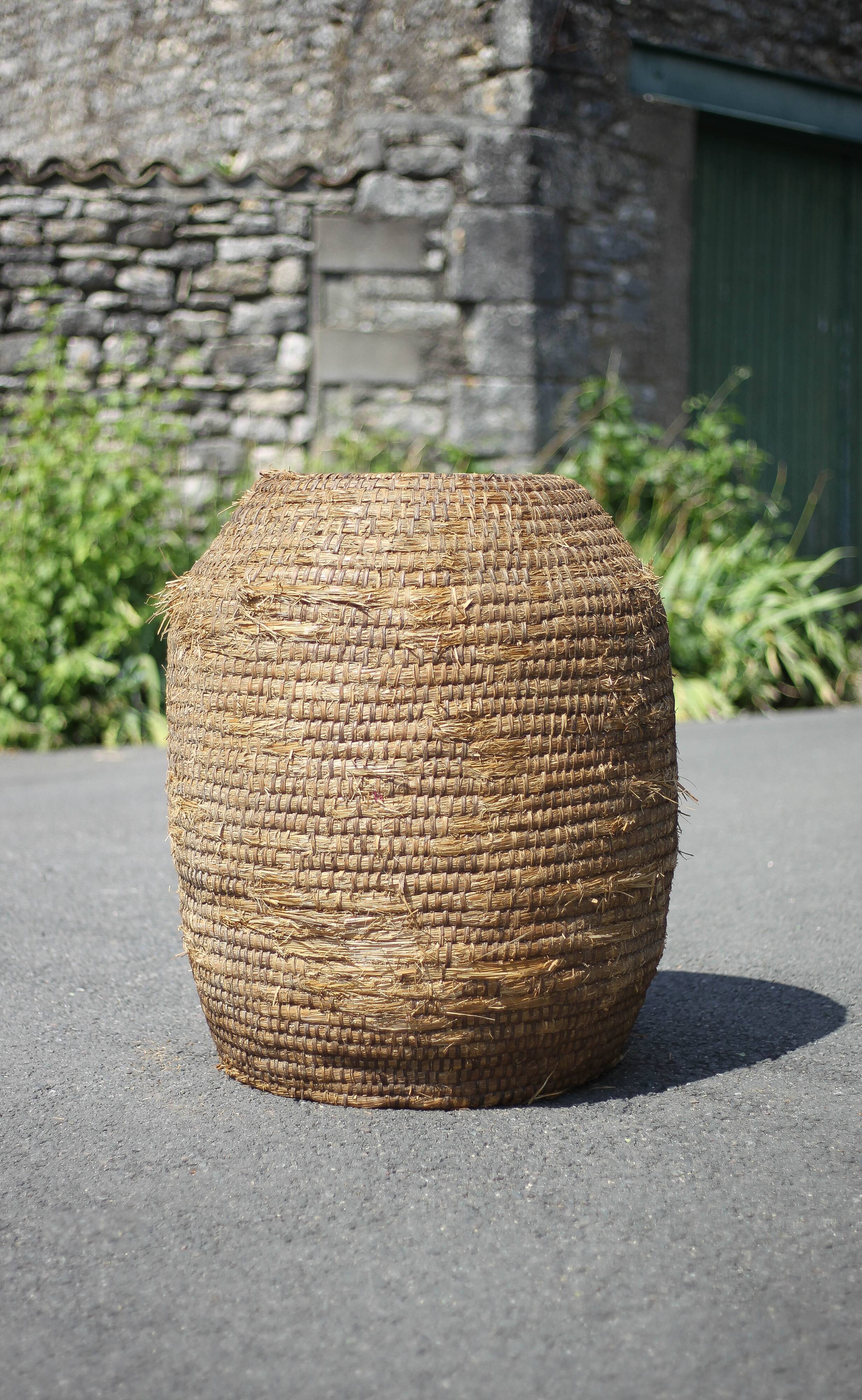 Very large old basket, burgundy straw and bramble, woven basket