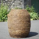 Very large old basket, burgundy straw and bramble, woven basket