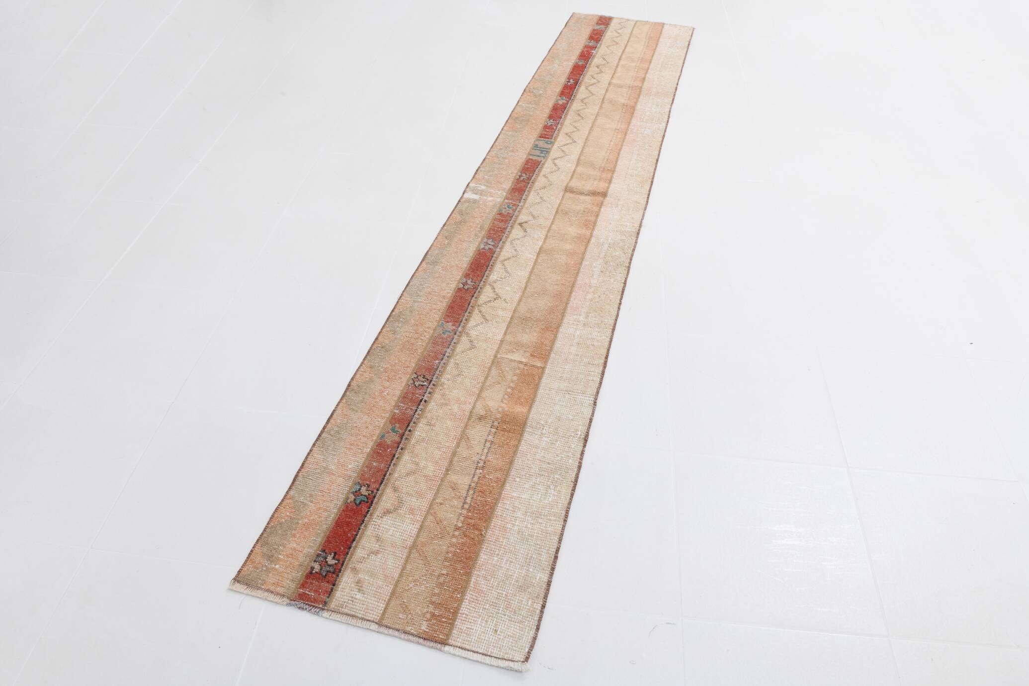 Red & Cream Long Turkish Vintage Runner Rug. 69x312Cm