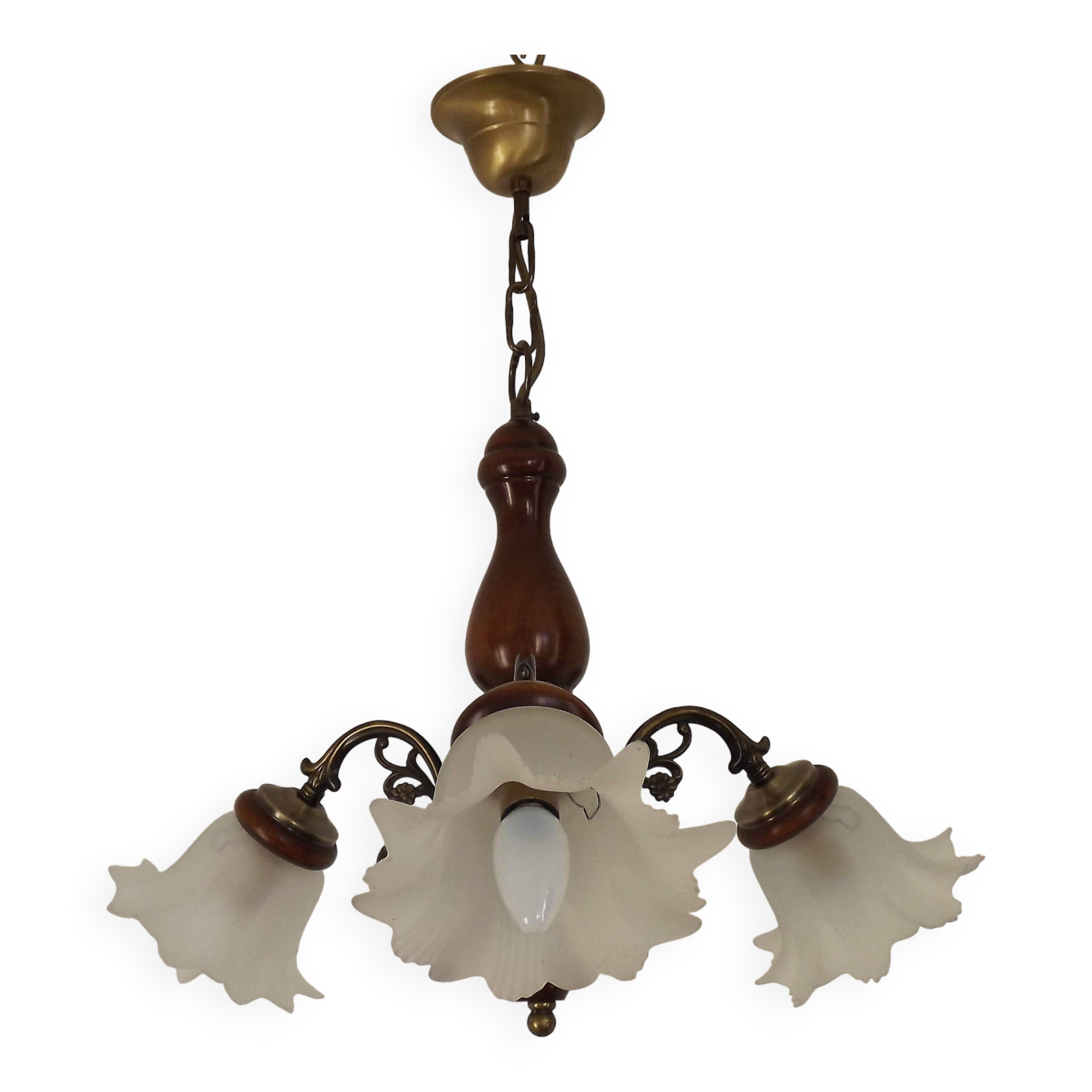French Mid-Century 3-Light Wood and Bronzed Metal Chandelier with Glass Shades