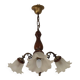 French Mid-Century 3-Light Wood and Bronzed Metal Chandelier with Glass Shades