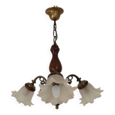 French Mid Century 3 Light Wood & Bronzed Metal Chandelier Glass Shades