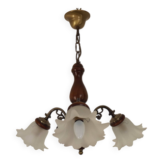 French Mid-Century 3-Light Wood and Bronzed Metal Chandelier with Glass Shades