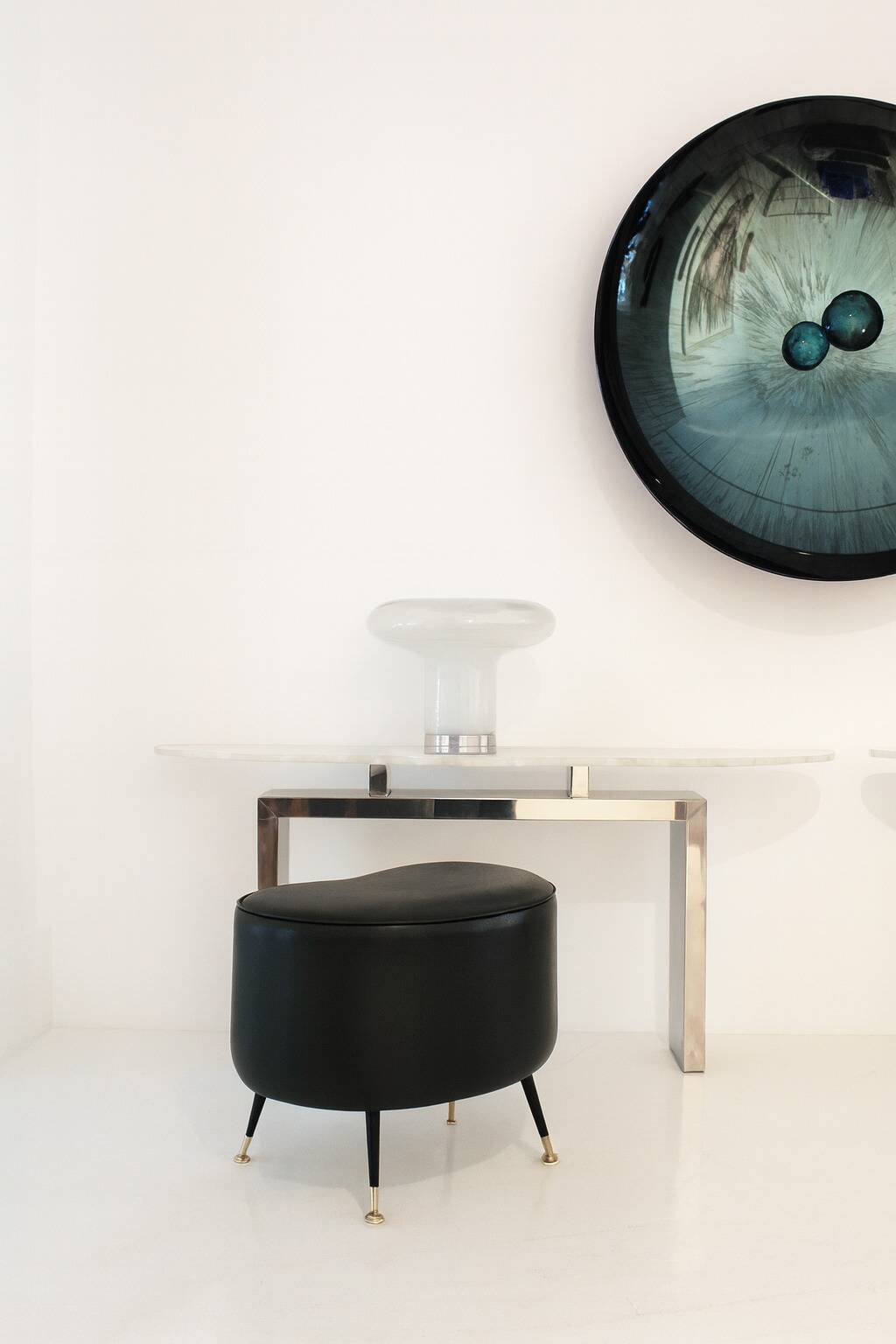 Contemporary Pair of Demilune Consoles Made Of White Quartz & Steel