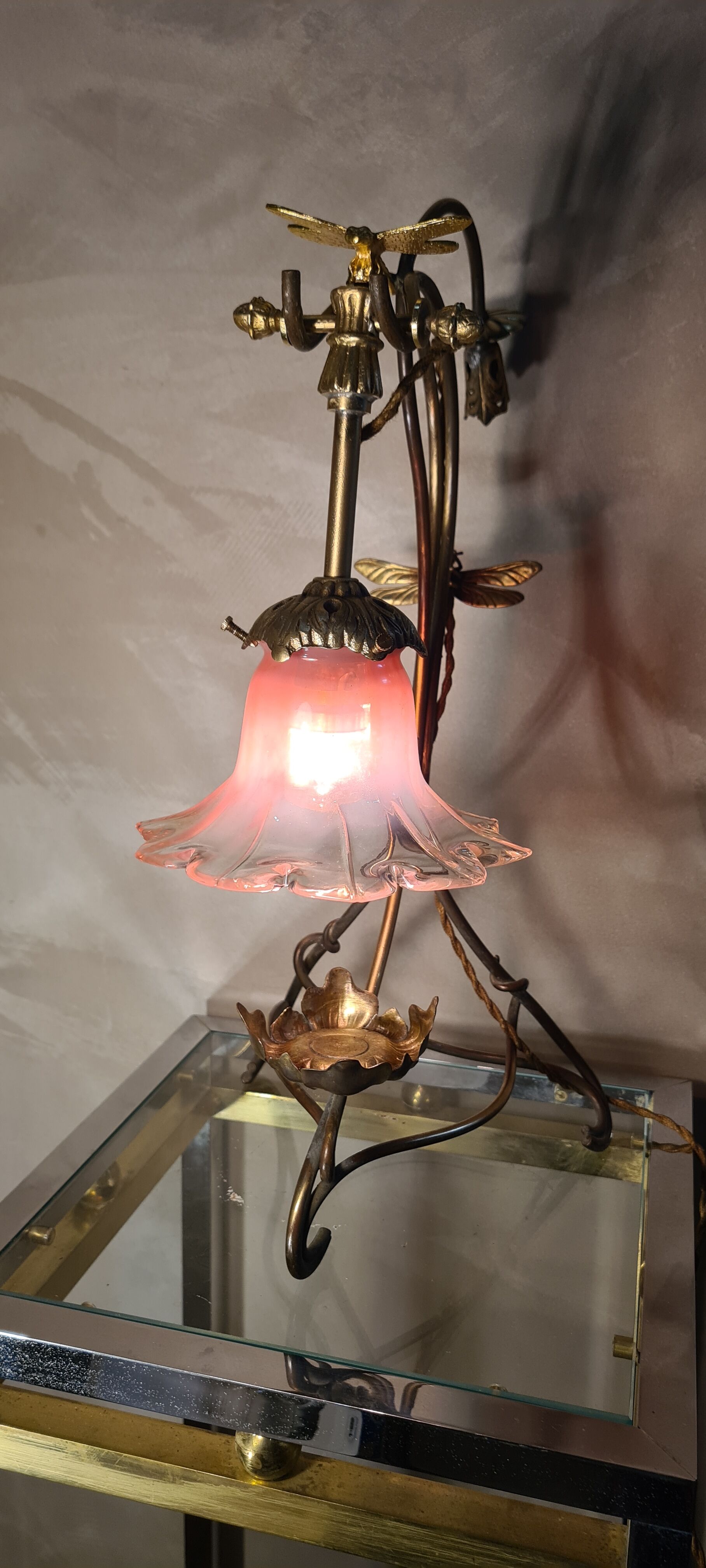 Brass lamp with Art Nouveau libelules , Majorelle style, Muller and Frere, 45x30 with tulip