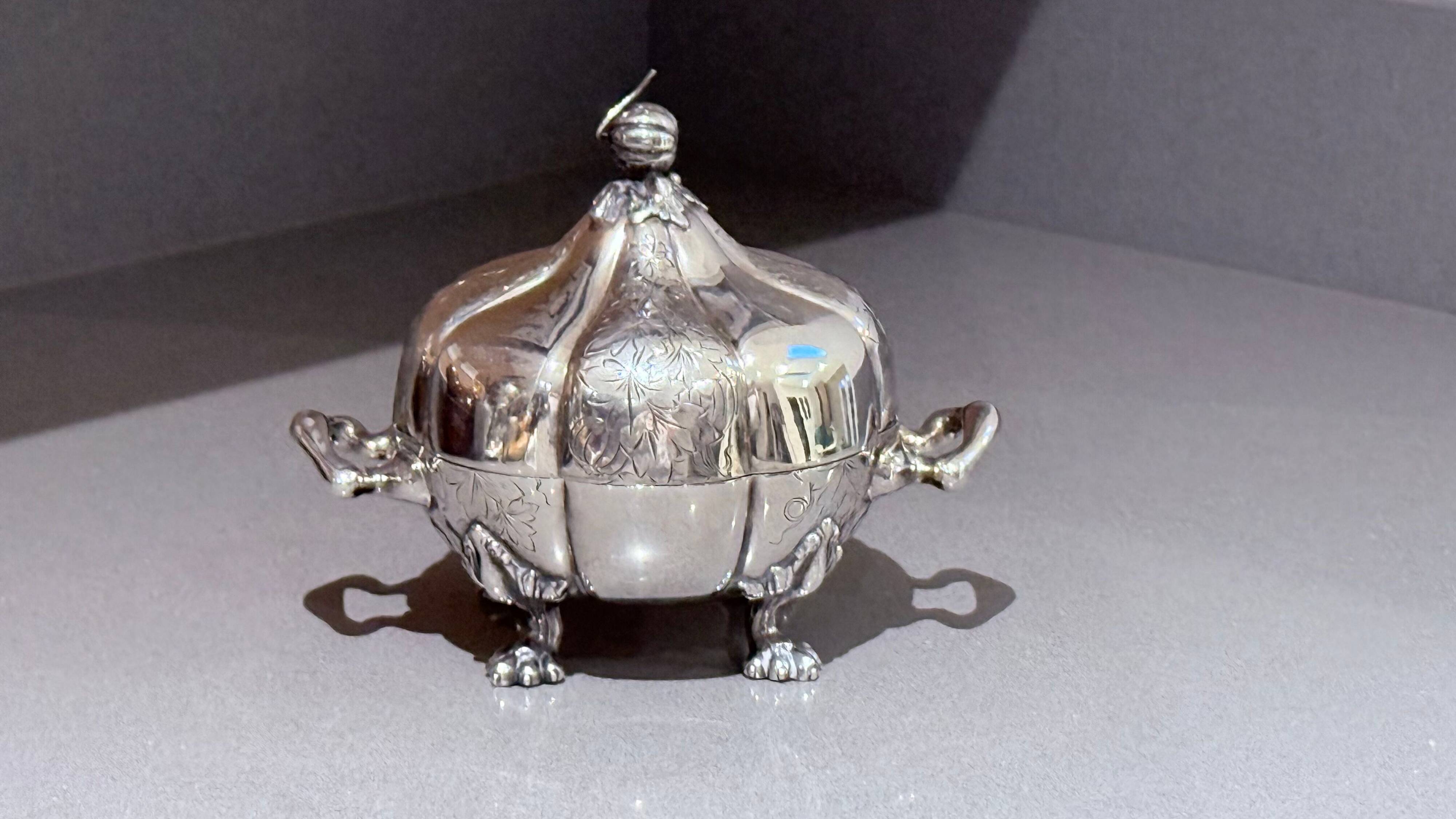Antique Decorative Caviar Dish Caviar Serving, Silver Quadruple Plate Lid, Spoon