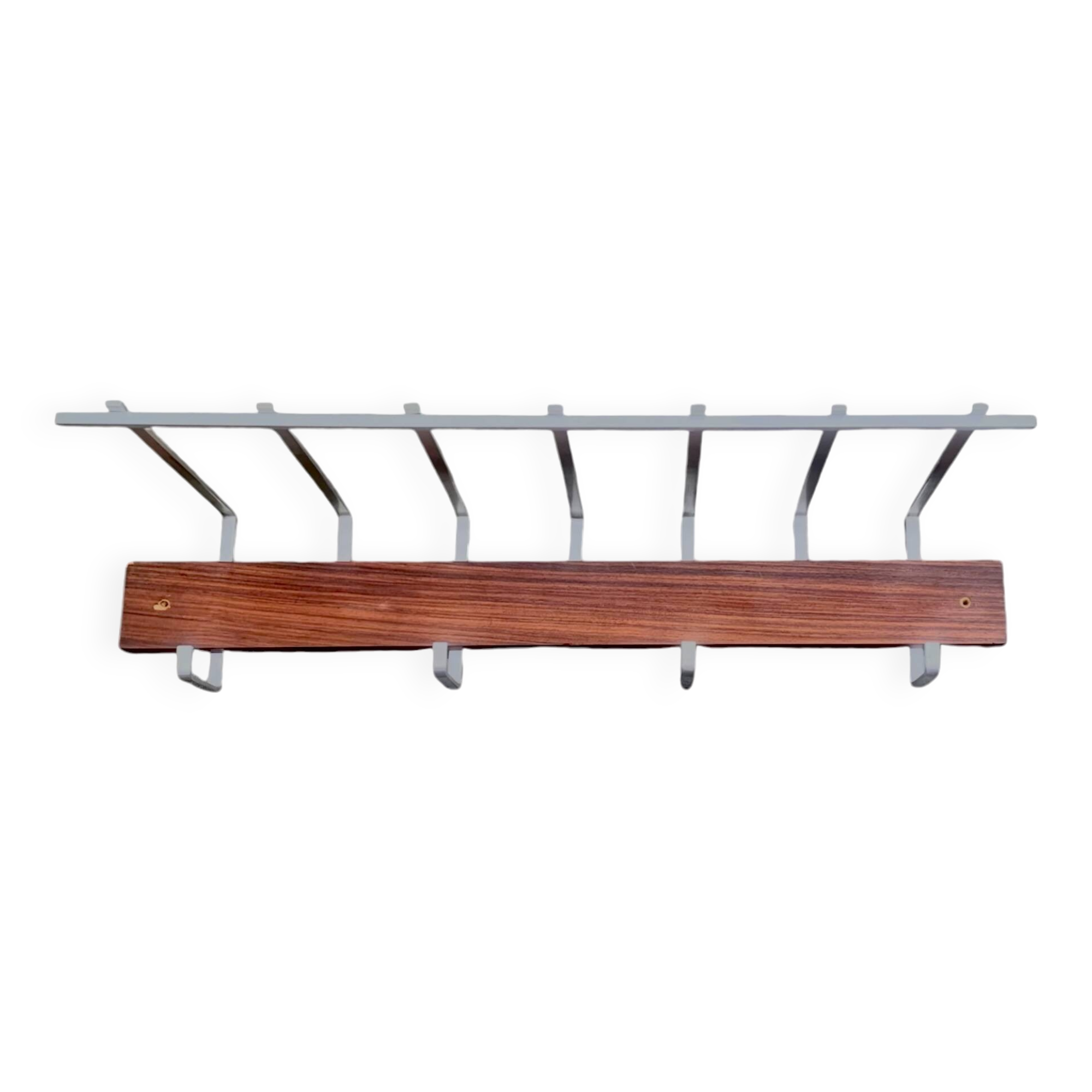 Vintage wall-mounted coat rack made of plywood and aluminum with hat rack