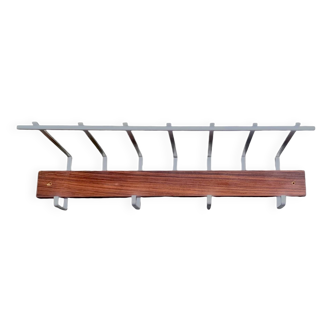 Vintage plywood and aluminum wall coat rack with hat rack