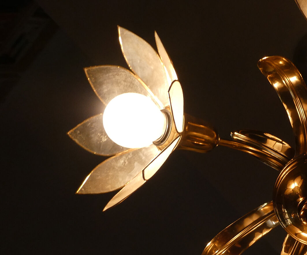 Brass chandelier and flowers in mother-of-pearl petals