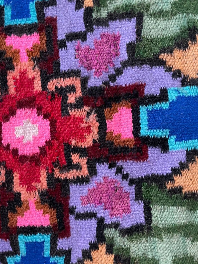 Vintage blue Moldavian rug with beautiful flowers, authentic Romanian handwoven rug 240x153cm
