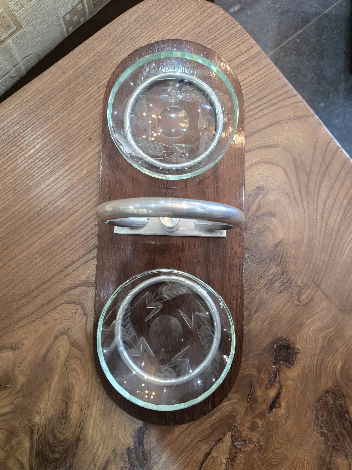 Art Deco pocket emptier in wood, engraved glass and chromed metal