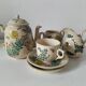 Japanese-style tea set in cracked earthenware with chrysanthemum flowers
