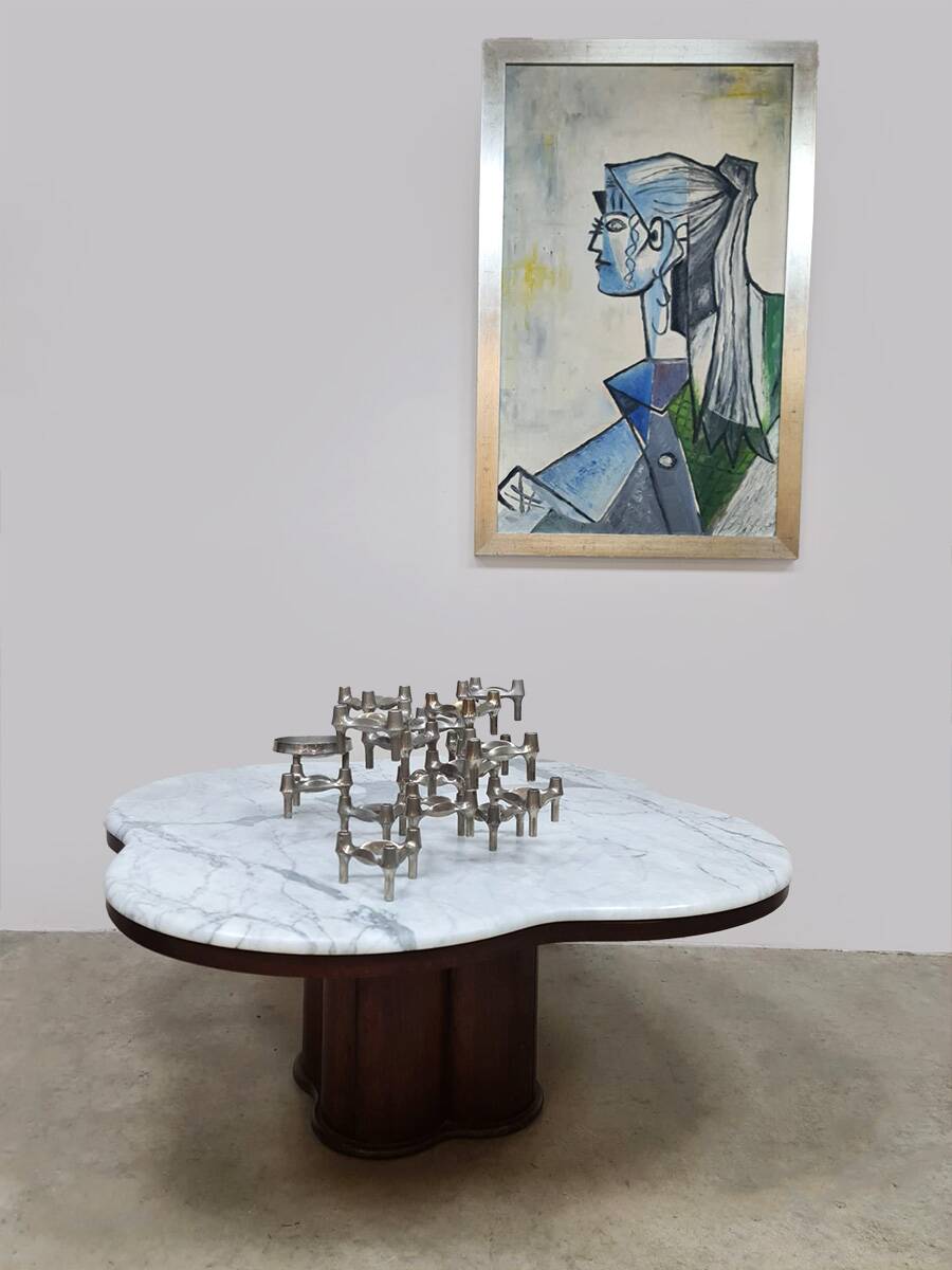 Midcentury travertine coffee table Jean Royère style