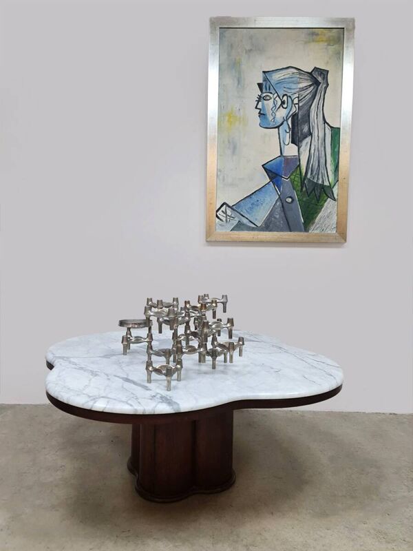 Table basse en travertin du milieu du siècle, style Jean Royère