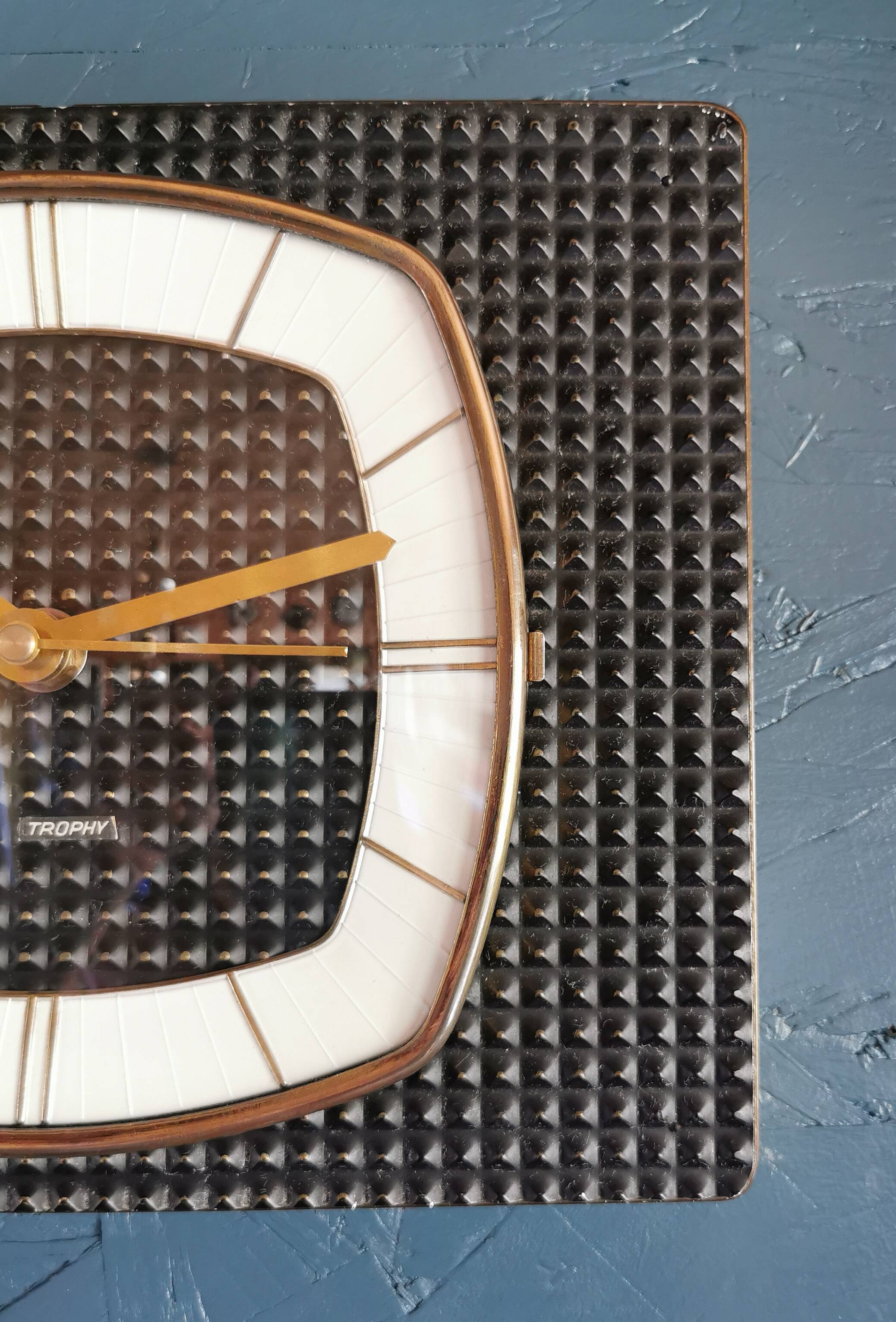 Vintage formica clock rectangular silent wall pendulum "Trophy black reliefs"