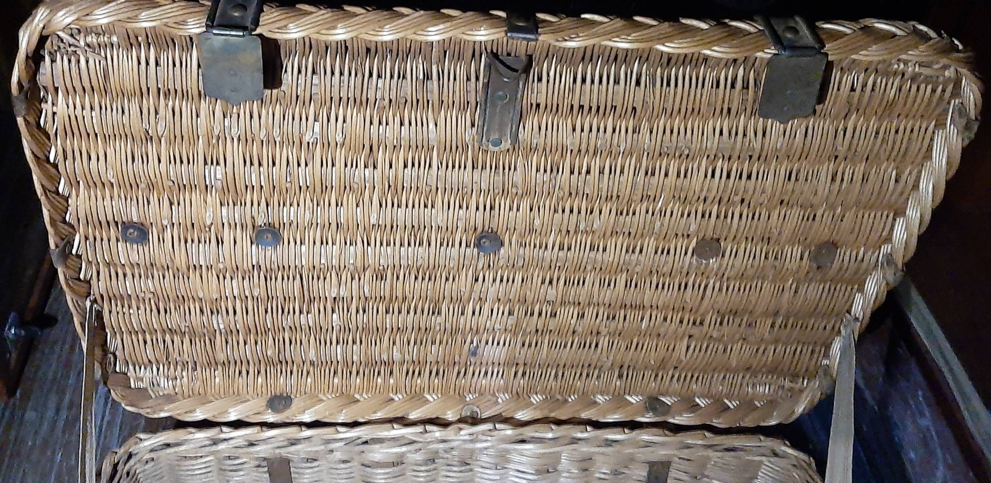 OLD WICKER STEEL AND WOOD TRAVEL TRUNK