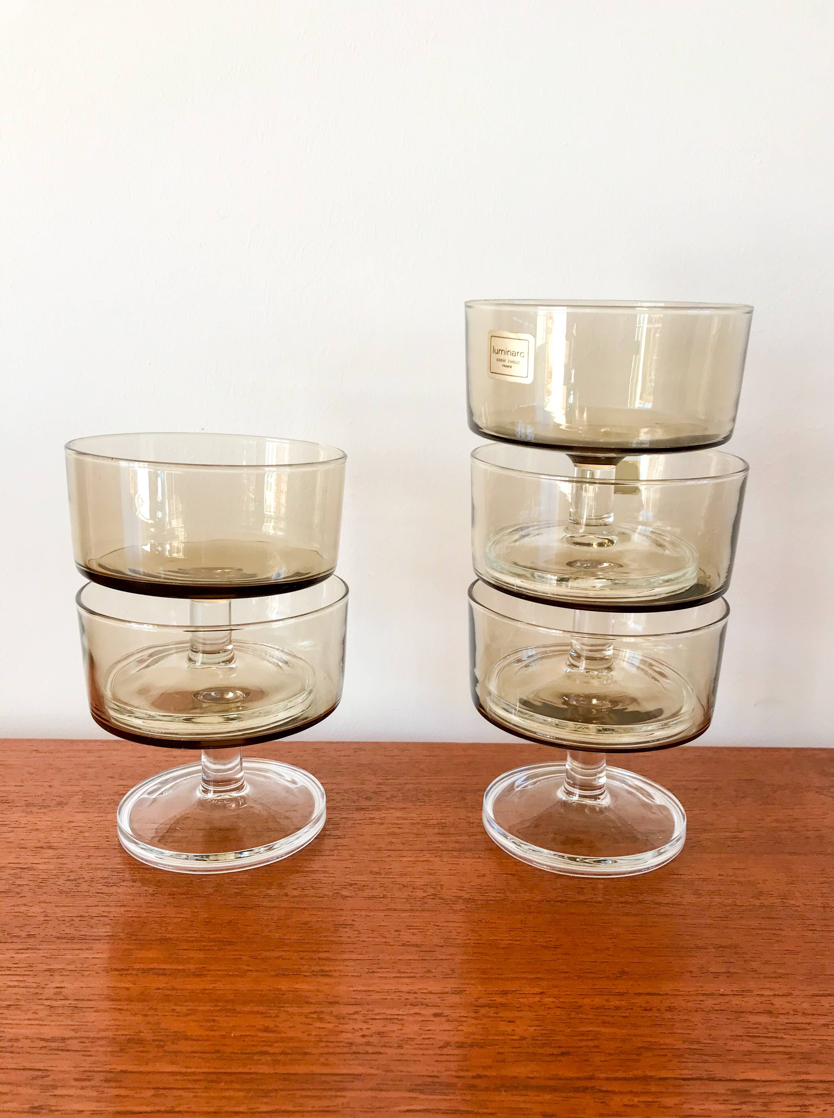 Set of 5 70s luminarc smoked glass champagne glasses