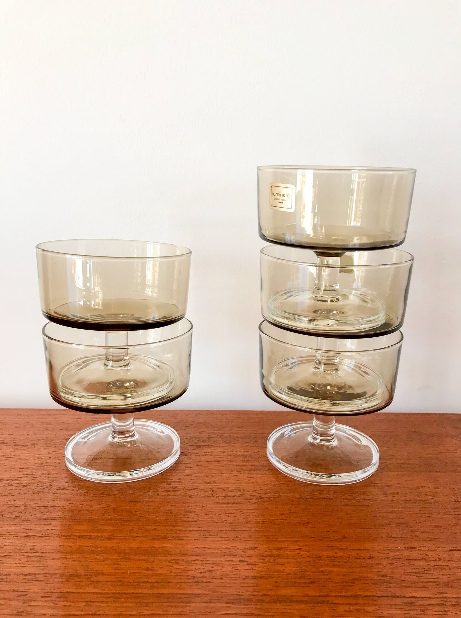 Set of 5 70s luminarc smoked glass champagne glasses