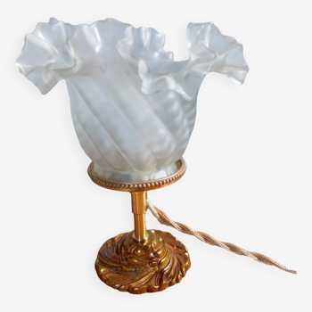 Lampe de table tulipe verre à froufrous pied bronze doré et laiton