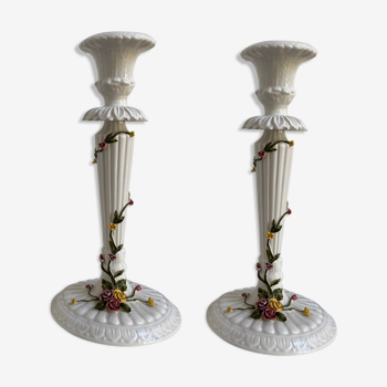 Pair of candlesticks flower-decorated earthenware