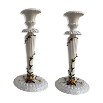 Pair of candlesticks flower-decorated earthenware